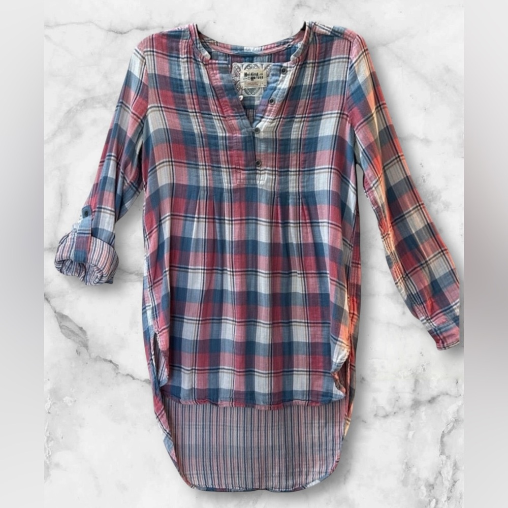 Anthropologie Holding Horses High Low Pink Blue Plaid Tunic Top Western Size 4 - Picture 2 of 16